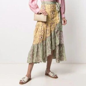 SANDRO VIOLAINE WRAP EFFECT CREPE MIDI SKIRT ASYMMETRIC FLORAL SIZE 2 MEDIUM NWT